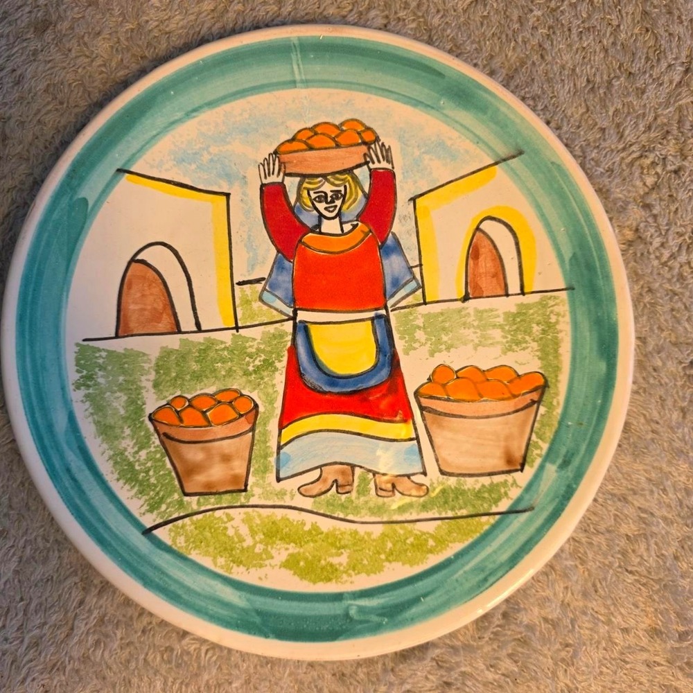 Nino Parrucca MCM Pottery 8.5" Plate Hand Painted Italy Folk Art  Orange Baskets